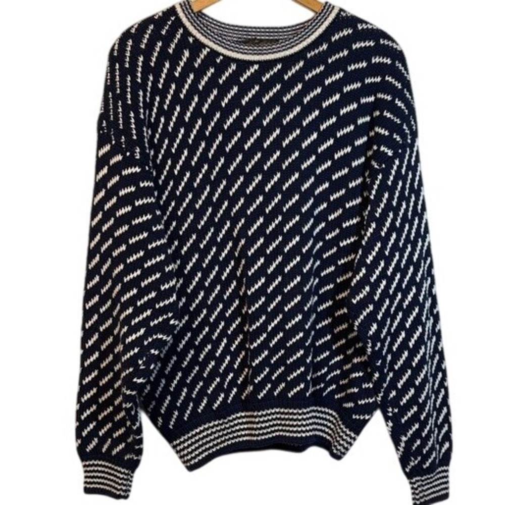 Men's 80's Eddie Bauer 100% Cotton Knit Blue Cream Birds Eye Crewneck Sweater XL